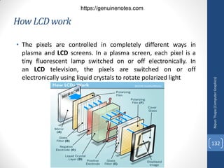 How LCD work
• The pixels are controlled in completely different ways in
plasma and LCD screens. In a plasma screen, each pixel is a
tiny fluorescent lamp switched on or off electronically. In
an LCD television, the pixels are switched on or off
electronically using liquid crystals to rotate polarized light
Nipun
Thapa
(Computer
Graphics)
132
https://genuinenotes.com
 