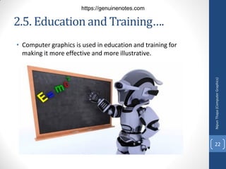 2.5. Education and Training….
• Computer graphics is used in education and training for
making it more effective and more illustrative.
Nipun
Thapa
(Computer
Graphics)
22
https://genuinenotes.com
 