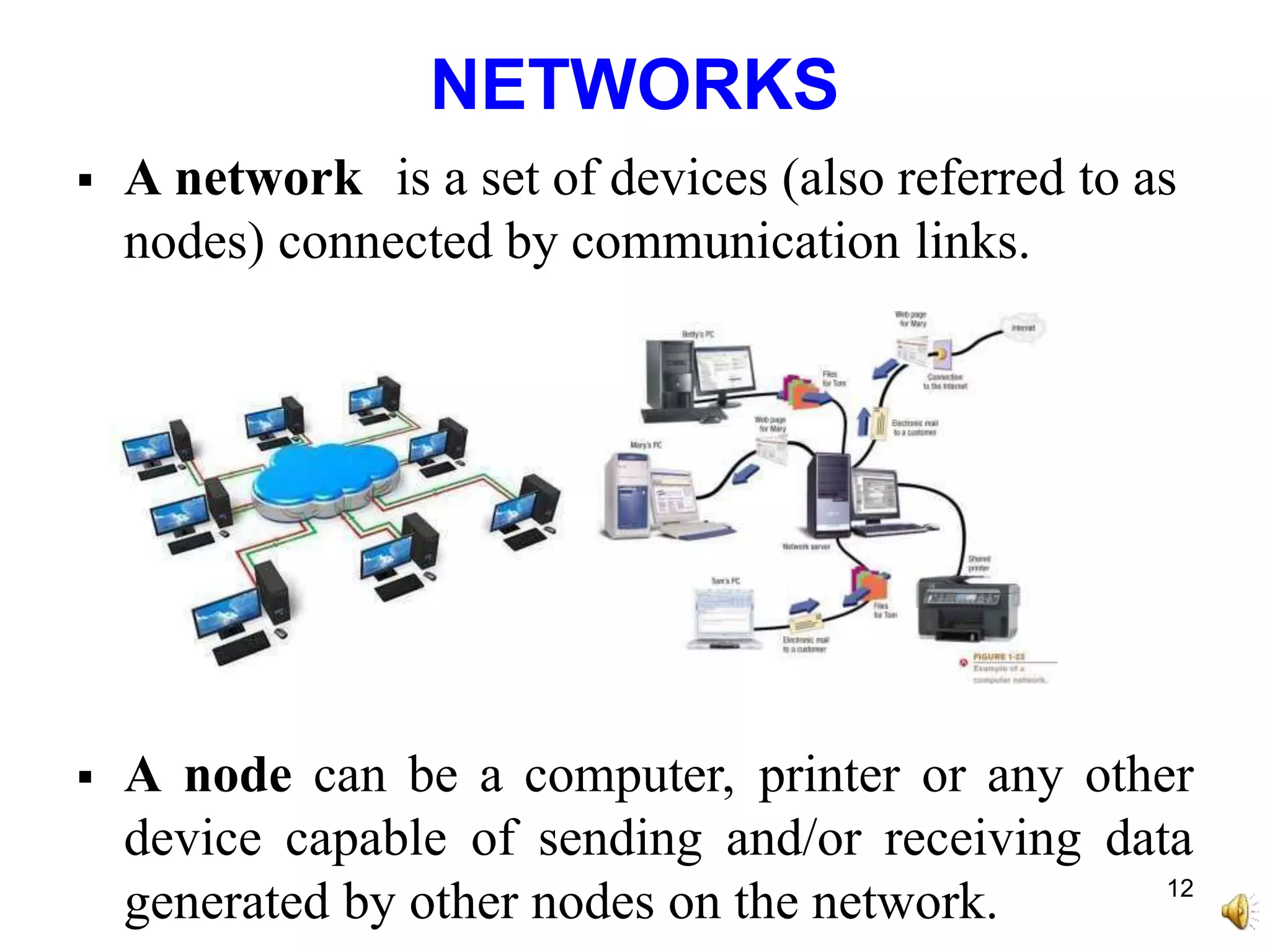 NETWORKS
 A network is a set of devices (also referred to as
nodes) connected by communication links.
 A node can be a computer, printer or any other
device capable of sending and/or receiving data
generated by other nodes on the network. 12
 
