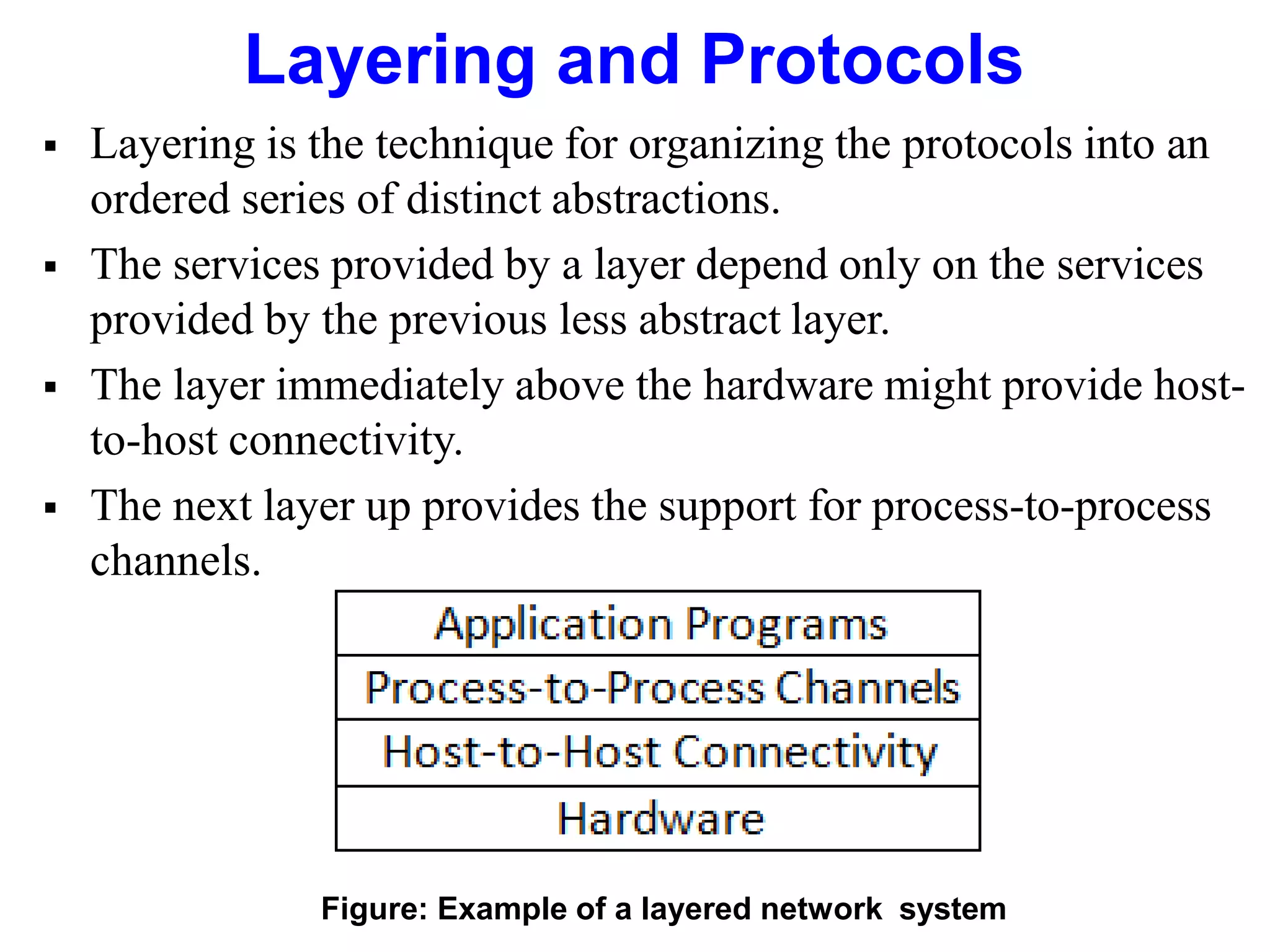 Layering and Protocols
 Layering is the technique for organizing the protocols into an
ordered series of distinct abstractions.
 The services provided by a layer depend only on the services
provided by the previous less abstract layer.
 The layer immediately above the hardware might provide host-
to-host connectivity.
 The next layer up provides the support for process-to-process
channels.
Figure: Example of a layered network system
 