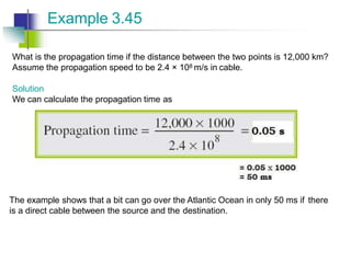 What is the propagation time if the distance between the two points is 12,000 km?
Assume the propagation speed to be 2.4 × 108 m/s in cable.
Solution
We can calculate the propagation time as
Example 3.45
The example shows that a bit can go over the Atlantic Ocean in only 50 ms if there
is a direct cable between the source and the destination.
 