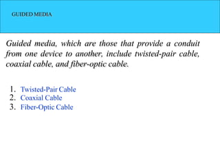 GUIDED MEDIA
Guided media, which are those that provide a conduit
from one device to another, include twisted-pair cable,
coaxial cable, and fiber-optic cable.
1. Twisted-Pair Cable
2. Coaxial Cable
3. Fiber-Optic Cable
 