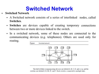  Switched Network
 A Switched network consists of a series of interlinked
Switches.
 Switches are devices capable of creating temporary
between two or more devices linked to the switch.
nodes, called
connections
 In a switched network, some of these nodes are connected to the
communicating devices (e.g. telephones). Others are used only for
routing.
Switched Network
 