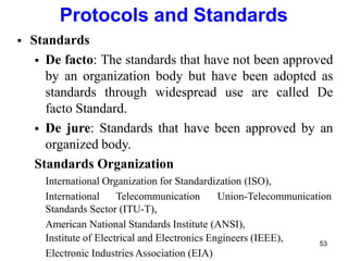  Standards
 De facto: The standards that have not been approved
by an organization body but have been adopted as
standards through widespread use are called De
facto Standard.
 De jure: Standards that have been approved by an
organized body.
Standards Organization
International Organization for Standardization (ISO),
International Telecommunication Union-Telecommunication
Standards Sector (ITU-T),
American National Standards Institute (ANSI),
Institute of Electrical and Electronics Engineers (IEEE),
Electronic Industries Association (EIA)
Protocols and Standards
53
 