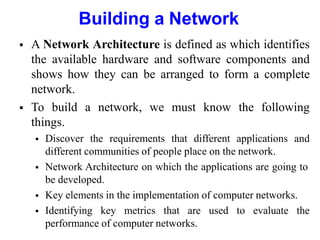 Building a Network
 A Network Architecture is defined as which identifies
the available hardware and software components and
shows how they can be arranged to form a complete
network.
 To build a network, we must know the following
things.
 Discover the requirements that different applications and
different communities of people place on the network.
 Network Architecture on which the applications are going to
be developed.
 Key elements in the implementation of computer networks.
 Identifying key metrics that are used to evaluate the
performance of computer networks.
 