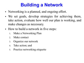 Building a Network
 Networking is a planned, and ongoing effort.
 We set goals, develop strategies for achieving them,
take action, evaluate how well our plan is working, and
make changes as necessary.
 How to build a network in five steps:
1. Make a Networking Plan
2. Make contact
3. Organize our network
4. Take action; and
5. Practice networking etiquette
 