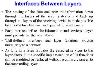  The passing of the data and network information down
through the layers of the sending device and back up
through the layers of the receiving device is made possible
by an interface between each pair of adjacent layers.
 Each interface defines the information and services a layer
must provide for the layer above it.
 Well-defined interfaces and layer functions provide
modularity to a network.
 As long as a layer provides the expected services to the
layer above it, the specific implementation of its functions
can be modified or replaced without requiring changes to
the surrounding layers.
Interfaces Between Layers
 
