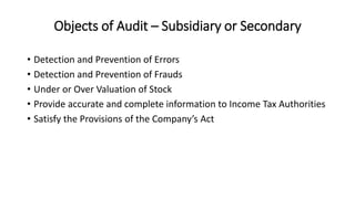 Objects of Audit – Subsidiary or Secondary
• Detection and Prevention of Errors
• Detection and Prevention of Frauds
• Under or Over Valuation of Stock
• Provide accurate and complete information to Income Tax Authorities
• Satisfy the Provisions of the Company’s Act
 