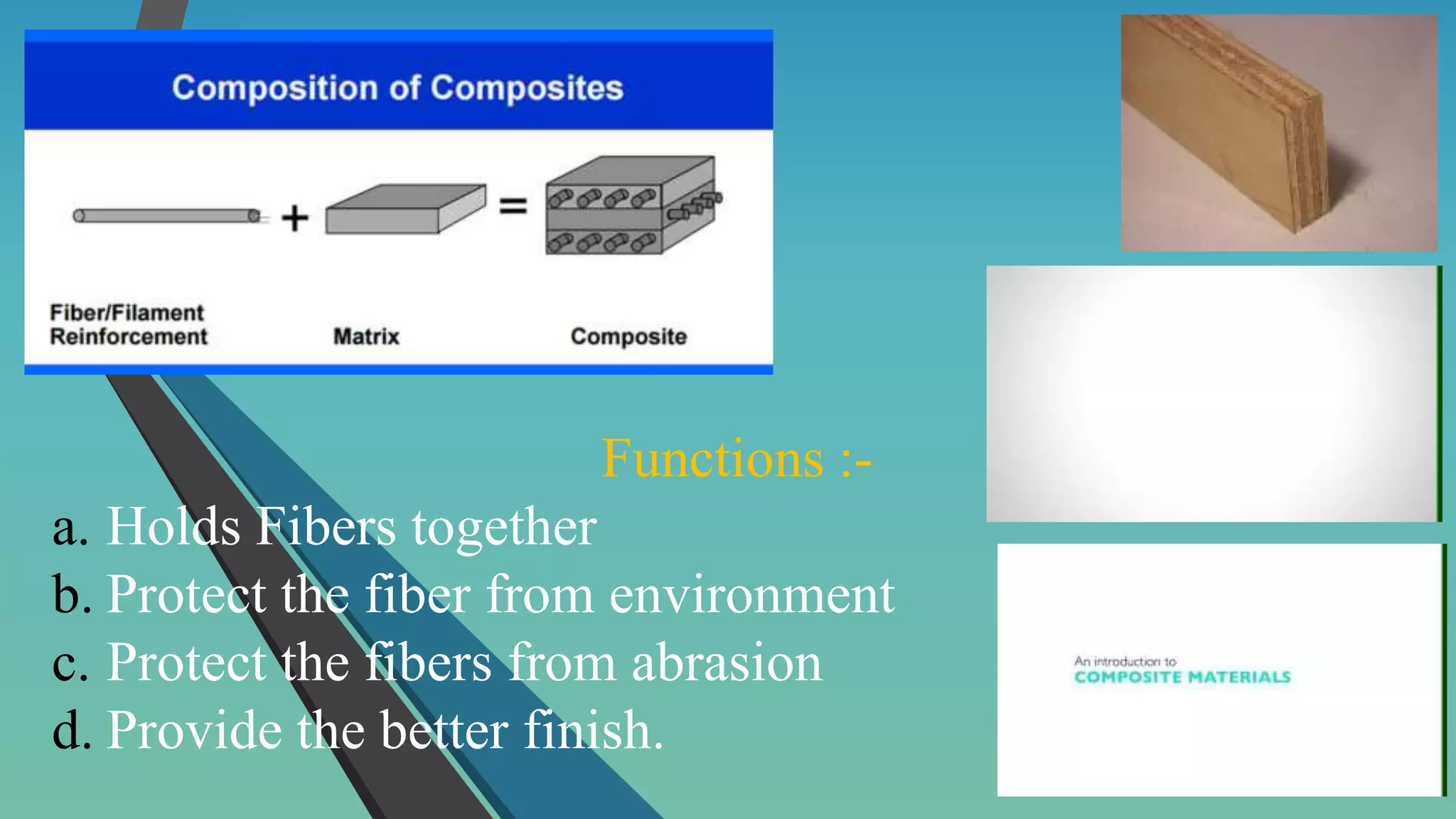 Functions :-
a. Holds Fibers together
b. Protect the fiber from environment
c. Protect the fibers from abrasion
d. Provide the better finish.
 