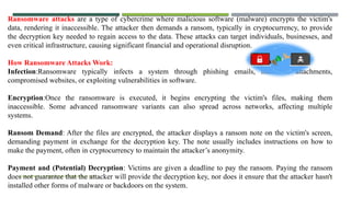VISHNU PRIYA | CYBER SECURITY ESSENTIALS | BCA 22
Ransomware attacks are a type of cybercrime where malicious software (malware) encrypts the victim's
data, rendering it inaccessible. The attacker then demands a ransom, typically in cryptocurrency, to provide
the decryption key needed to regain access to the data. These attacks can target individuals, businesses, and
even critical infrastructure, causing significant financial and operational disruption.
How Ransomware Attacks Work:
Infection:Ransomware typically infects a system through phishing emails, malicious attachments,
compromised websites, or exploiting vulnerabilities in software.
Encryption:Once the ransomware is executed, it begins encrypting the victim's files, making them
inaccessible. Some advanced ransomware variants can also spread across networks, affecting multiple
systems.
Ransom Demand: After the files are encrypted, the attacker displays a ransom note on the victim's screen,
demanding payment in exchange for the decryption key. The note usually includes instructions on how to
make the payment, often in cryptocurrency to maintain the attacker’s anonymity.
Payment and (Potential) Decryption: Victims are given a deadline to pay the ransom. Paying the ransom
does not guarantee that the attacker will provide the decryption key, nor does it ensure that the attacker hasn't
installed other forms of malware or backdoors on the system.
 