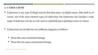 VISHNU PRIYA | CYBER SECURITY ESSENTIALS | BCA 38
2. CYBER CRIME
 Cybercrime is any type of illegal activity that takes place via digital means. Data theft is, of
course, one of the most common types of cybercrime, but cybercrime also includes a wide
range of malicious activity as well, such as cyberbullying or planting worms or viruses.
 Cybercrimes are divided into two different categories as follows:
 Those that cause intentional damage
 Those that can cause unintentional damage
 