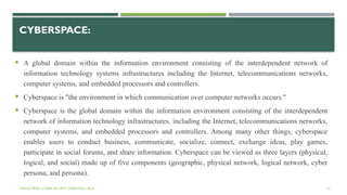 CYBERSPACE:
 A global domain within the information environment consisting of the interdependent network of
information technology systems infrastructures including the Internet, telecommunications networks,
computer systems, and embedded processors and controllers.
 Cyberspace is "the environment in which communication over computer networks occurs."
 Cyberspace is the global domain within the information environment consisting of the interdependent
network of information technology infrastructures, including the Internet, telecommunications networks,
computer systems, and embedded processors and controllers. Among many other things, cyberspace
enables users to conduct business, communicate, socialize, connect, exchange ideas, play games,
participate in social forums, and share information. Cyberspace can be viewed as three layers (physical,
logical, and social) made up of five components (geographic, physical network, logical network, cyber
persona, and persona).
VISHNU PRIYA | CYBER SECURITY ESSENTIALS | BCA 52
 