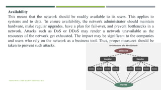 VISHNU PRIYA | CYBER SECURITY ESSENTIALS | BCA 59
Availability
This means that the network should be readily available to its users. This applies to
systems and to data. To ensure availability, the network administrator should maintain
hardware, make regular upgrades, have a plan for fail-over, and prevent bottlenecks in a
network. Attacks such as DoS or DDoS may render a network unavailable as the
resources of the network get exhausted. The impact may be significant to the companies
and users who rely on the network as a business tool. Thus, proper measures should be
taken to prevent such attacks.
 