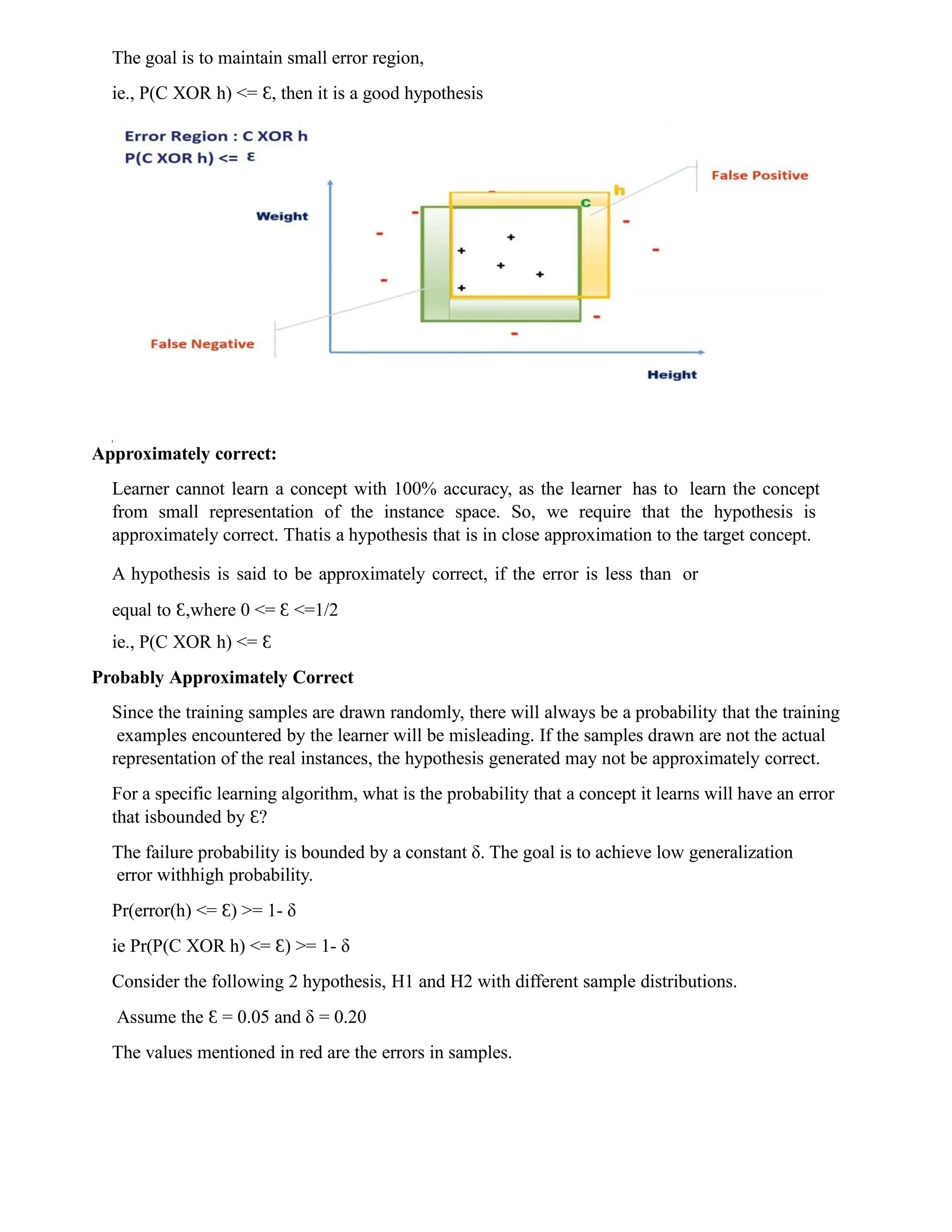 The goal is to maintain small error region,
ie., P(C XOR h) <= ,
Ɛ then it is a good hypothesis
Approximately correct:
Learner cannot learn a concept with 100% accuracy, as the learner has to learn the concept
from small representation of the instance space. So, we require that the hypothesis is
approximately correct. Thatis a hypothesis that is in close approximation to the target concept.
A hypothesis is said to be approximately correct, if the error is less than or
equal to ,where
Ɛ 0 <= Ɛ <=1/2
ie., P(C XOR h) <= Ɛ
Probably Approximately Correct
Since the training samples are drawn randomly, there will always be a probability that the training
examples encountered by the learner will be misleading. If the samples drawn are not the actual
representation of the real instances, the hypothesis generated may not be approximately correct.
For a specific learning algorithm, what is the probability that a concept it learns will have an error
that isbounded by ?
Ɛ
The failure probability is bounded by a constant δ. The goal is to achieve low generalization
error withhigh probability.
Pr(error(h) <= )
Ɛ >= 1- δ
ie Pr(P(C XOR h) <= )
Ɛ >= 1- δ
Consider the following 2 hypothesis, H1 and H2 with different sample distributions.
Assume the Ɛ = 0.05 and δ = 0.20
The values mentioned in red are the errors in samples.
 