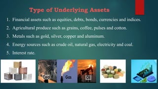 Type of Underlying Assets
1. Financial assets such as equities, debts, bonds, currencies and indices.
2. Agricultural produce such as grains, coffee, pulses and cotton.
3. Metals such as gold, silver, copper and aluminum.
4. Energy sources such as crude oil, natural gas, electricity and coal.
5. Interest rate.
 
