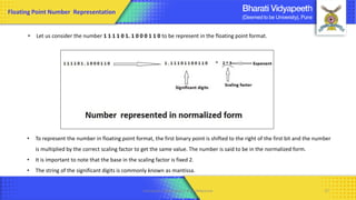 Computer Organization & Architecture 17
• Let us consider the number 1 1 1 1 0 1. 1 0 0 0 1 1 0 to be represent in the floating point format.
• To represent the number in floating point format, the first binary point is shifted to the right of the first bit and the number
is multiplied by the correct scaling factor to get the same value. The number is said to be in the normalized form.
• It is important to note that the base in the scaling factor is fixed 2.
• The string of the significant digits is commonly known as mantissa.
Floating Point Number Representation
 
