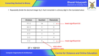 • Repeatedly divide the decimal integer by 2. Each remainder is a binary digit in the translated value:
Computer Organization & Architecture
37 = 100101
stop when
quotient is zero
least significant bit
most significant bit
Converting Decimal to Binary
Centre for Distance and Online Education
 