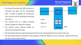 Computer Organization & Architecture 3
• The Central Processing Unit (CPU) contains an
arithmetic and logic unit for manipulating
data, a number of registers for storing data,
and a control circuit for fetching and executing
instructions.
• The memory unit of a digital computer
contains storage for instructions and data.
• The Random Access Memory (RAM) for
real-time processing of the data.
• The Input-Output devices for generating inputs from the user and displaying the final results to the user.
• The Input-Output devices connected to the computer include the keyboard, mouse, terminals, magnetic disk drives,
and other communication devices.
Block Diagram of Computers
Control &
Arithmatic
Input device
Output Device
PM DM
CPU
Memory
A+B+C
(A+B) = D
D + C = E
 