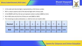 Computer Organization & Architecture 43
Binary Coded Decimal ( BCD Code )
• In this code each decimal digit is represented by a 4-bit binary number.
• BCD is a way to express each of the decimal digits with a binary code.
• In the BINARY, with four bits we can represent sixteen numbers (0000 to 1111).
• But in BCD code only first ten of these are used (0000 to 1001).
• The remaining six code combinations i.e. 1010 to 1111 are invalid in BCD.
Centre for Distance and Online Education
 