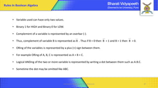 Computer Organization & Architecture 67
• Variable used can have only two values.
• Binary 1 for HIGH and Binary 0 for LOW.
• Complement of a variable is represented by an overbar (-).
• Thus, complement of variable B is represented as B . Thus if B = 0 then B = 1 and B = 1 then B = 0.
• ORing of the variables is represented by a plus (+) sign between them.
• For example ORing of A, B, C is represented as A + B + C.
• Logical ANDing of the two or more variable is represented by writing a dot between them such as A.B.C.
• Sometime the dot may be omitted like ABC.
Rules In Boolean Algebra
 