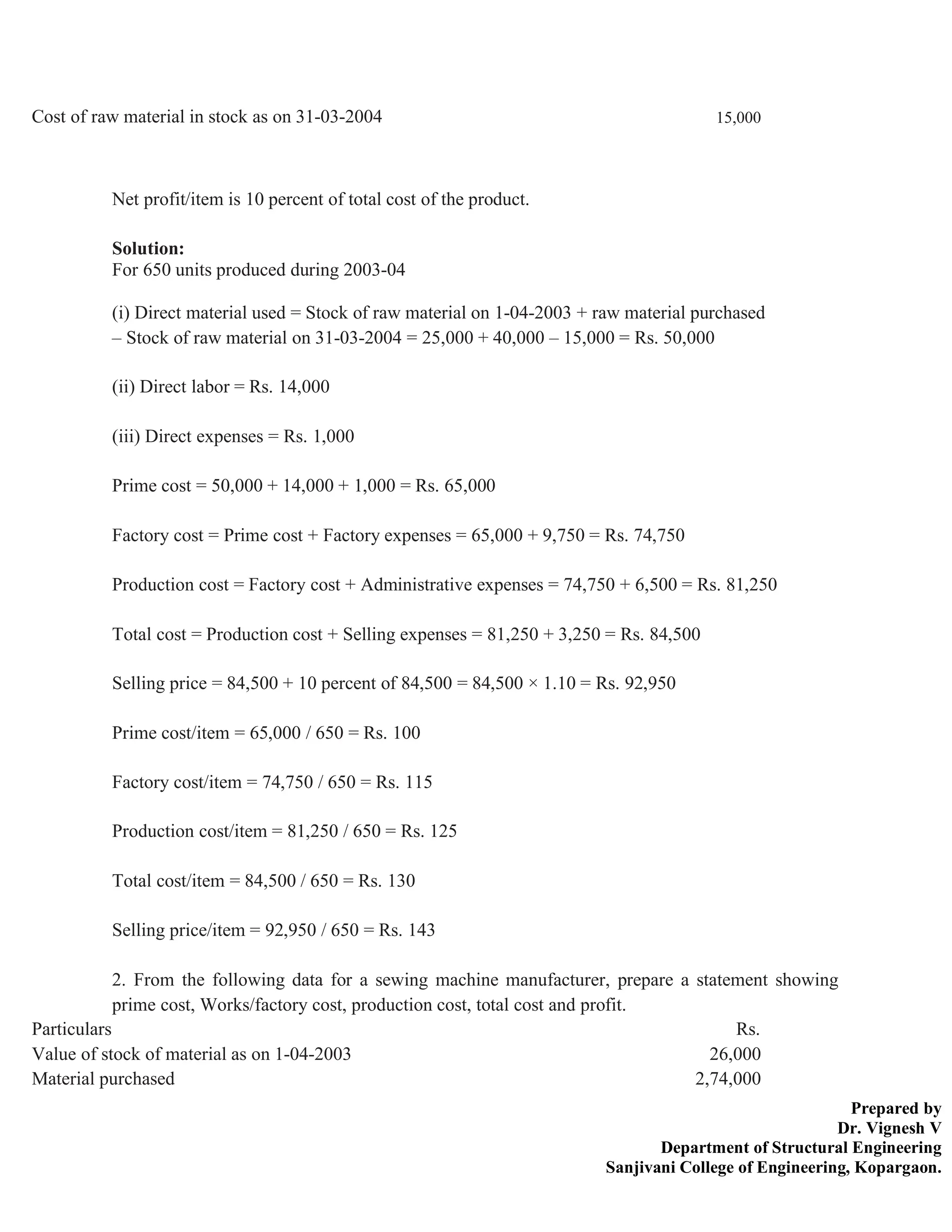 Prepared by
Dr. Vignesh V
Department of Structural Engineering
Sanjivani College of Engineering, Kopargaon.
Net profit/item is 10 percent of total cost of the product.
Solution:
For 650 units produced during 2003-04
(i) Direct material used = Stock of raw material on 1-04-2003 + raw material purchased
– Stock of raw material on 31-03-2004 = 25,000 + 40,000 – 15,000 = Rs. 50,000
(ii) Direct labor = Rs. 14,000
(iii) Direct expenses = Rs. 1,000
Prime cost = 50,000 + 14,000 + 1,000 = Rs. 65,000
Factory cost = Prime cost + Factory expenses = 65,000 + 9,750 = Rs. 74,750
Production cost = Factory cost + Administrative expenses = 74,750 + 6,500 = Rs. 81,250
Total cost = Production cost + Selling expenses = 81,250 + 3,250 = Rs. 84,500
Selling price = 84,500 + 10 percent of 84,500 = 84,500 × 1.10 = Rs. 92,950
Prime cost/item = 65,000 / 650 = Rs. 100
Factory cost/item = 74,750 / 650 = Rs. 115
Production cost/item = 81,250 / 650 = Rs. 125
Total cost/item = 84,500 / 650 = Rs. 130
Selling price/item = 92,950 / 650 = Rs. 143
2. From the following data for a sewing machine manufacturer, prepare a statement showing
prime cost, Works/factory cost, production cost, total cost and profit.
Cost of raw material in stock as on 31-03-2004 15,000
Particulars Rs.
Value of stock of material as on 1-04-2003 26,000
Material purchased 2,74,000
 