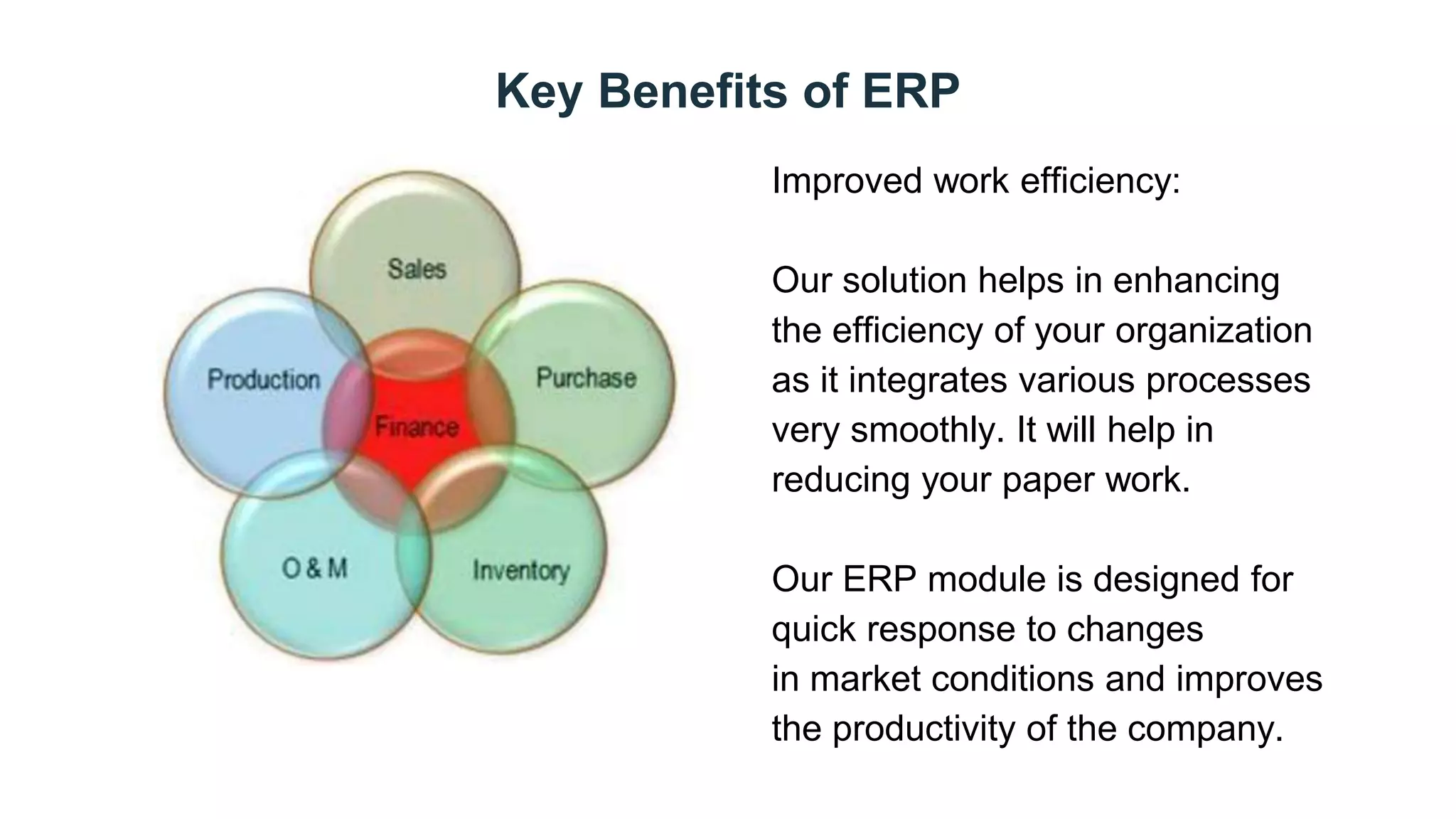 Key Benefits of ERP
Day 2
Improved work efficiency:
Our solution helps in enhancing
the efficiency of your organization
as it integrates various processes
very smoothly. It will help in
reducing your paper work.
Our ERP module is designed for
quick response to changes
in market conditions and improves
the productivity of the company.
 