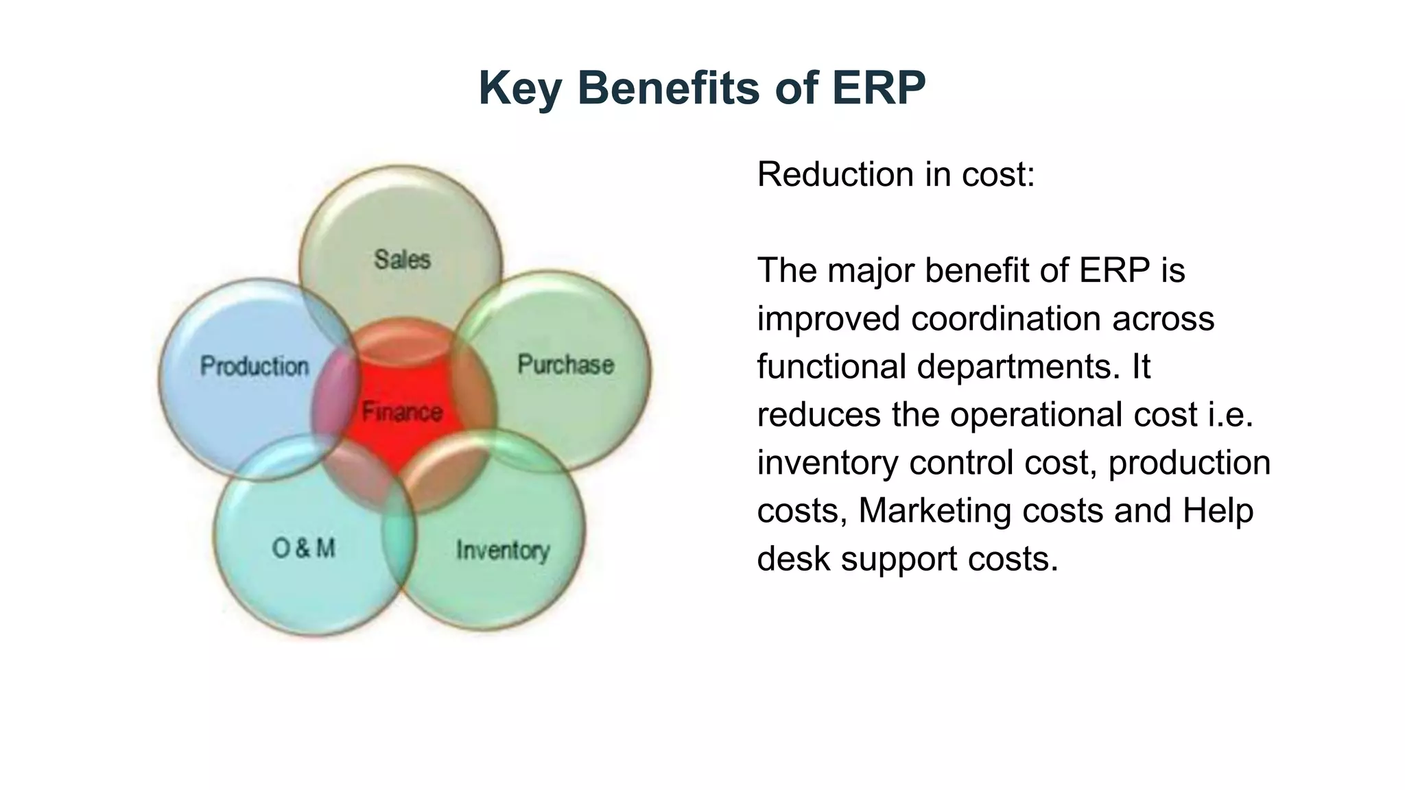 Key Benefits of ERP
Day 2
Reduction in cost:
The major benefit of ERP is
improved coordination across
functional departments. It
reduces the operational cost i.e.
inventory control cost, production
costs, Marketing costs and Help
desk support costs.
 