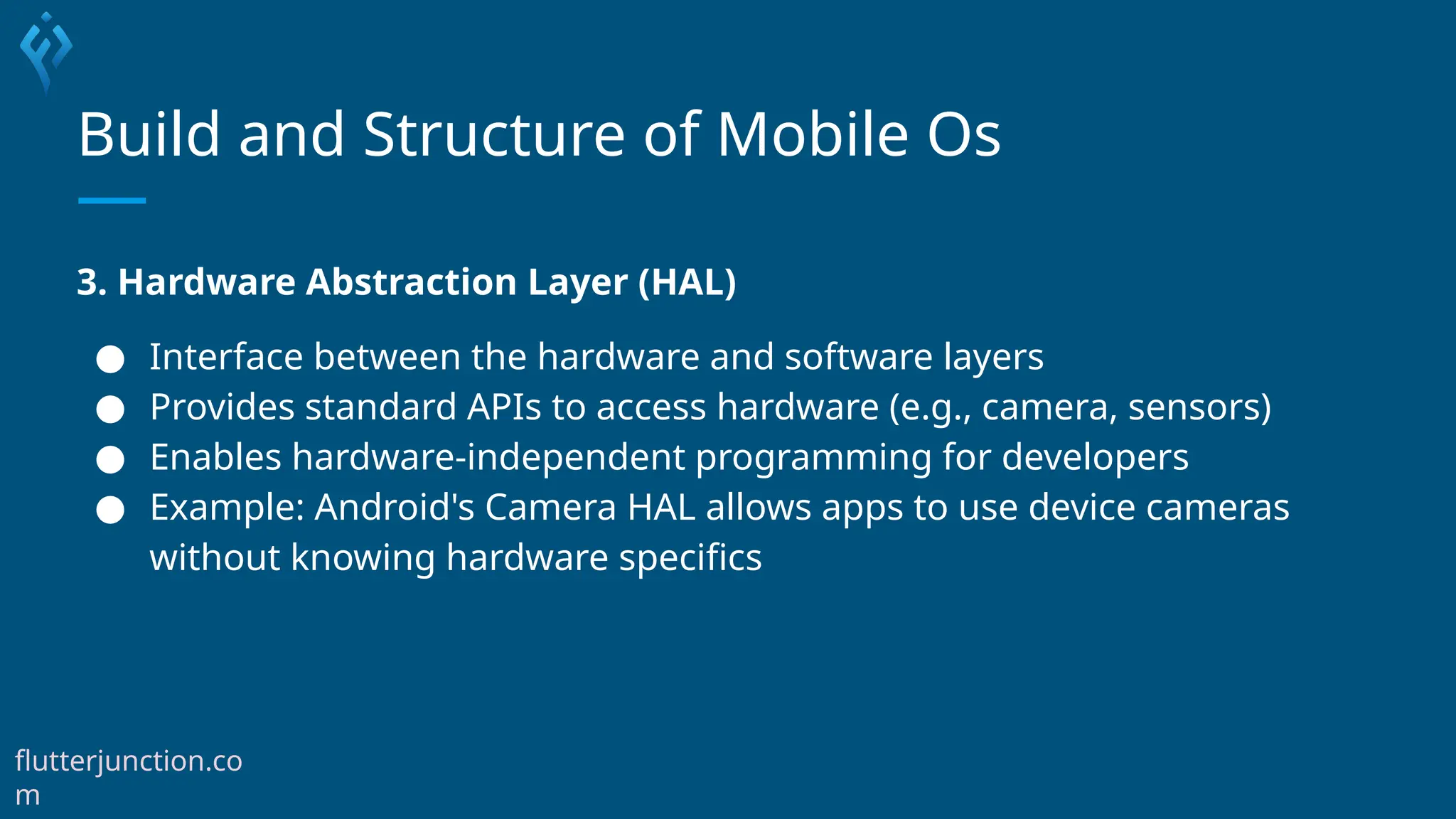 Build and Structure of Mobile Os
3. Hardware Abstraction Layer (HAL)
● Interface between the hardware and software layers
● Provides standard APIs to access hardware (e.g., camera, sensors)
● Enables hardware-independent programming for developers
● Example: Android's Camera HAL allows apps to use device cameras
without knowing hardware specifics
flutterjunction.co
m
 