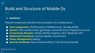Build and Structure of Mobile Os
1. Hardware
Physical components that form the foundation of a mobile device.
● Core components: CPU(Processor), RAM(Memory) , Storage (ROM)
● Sensors: GPS, accelerometer, gyroscope, proximity sensor, fingerprint scanner
● Connectivity Modules: Cellular (4G/5G modems), Wi-Fi, Bluetooth, NFC
● Multimedia Hardware: Camera, Speaker, Touchscreen
● Power Management: Battery
● Security Hardware: Secure Enclave (iOS) or Titan M Chip (Android)
flutterjunction.co
m
 