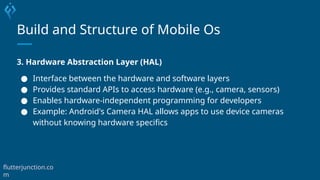 Build and Structure of Mobile Os
3. Hardware Abstraction Layer (HAL)
● Interface between the hardware and software layers
● Provides standard APIs to access hardware (e.g., camera, sensors)
● Enables hardware-independent programming for developers
● Example: Android's Camera HAL allows apps to use device cameras
without knowing hardware specifics
flutterjunction.co
m
 