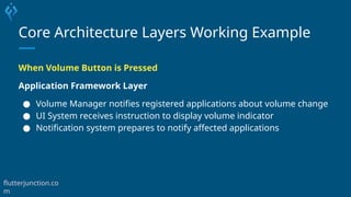Core Architecture Layers Working Example
When Volume Button is Pressed
Application Framework Layer
● Volume Manager notifies registered applications about volume change
● UI System receives instruction to display volume indicator
● Notification system prepares to notify affected applications
flutterjunction.co
m
 
