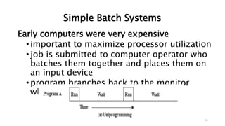Simple Batch Systems
19
Early computers were very expensive
•important to maximize processor utilization
•job is submitted to computer operator who
batches them together and places them on
an input device
•program branches back to the monitor
when finished
 