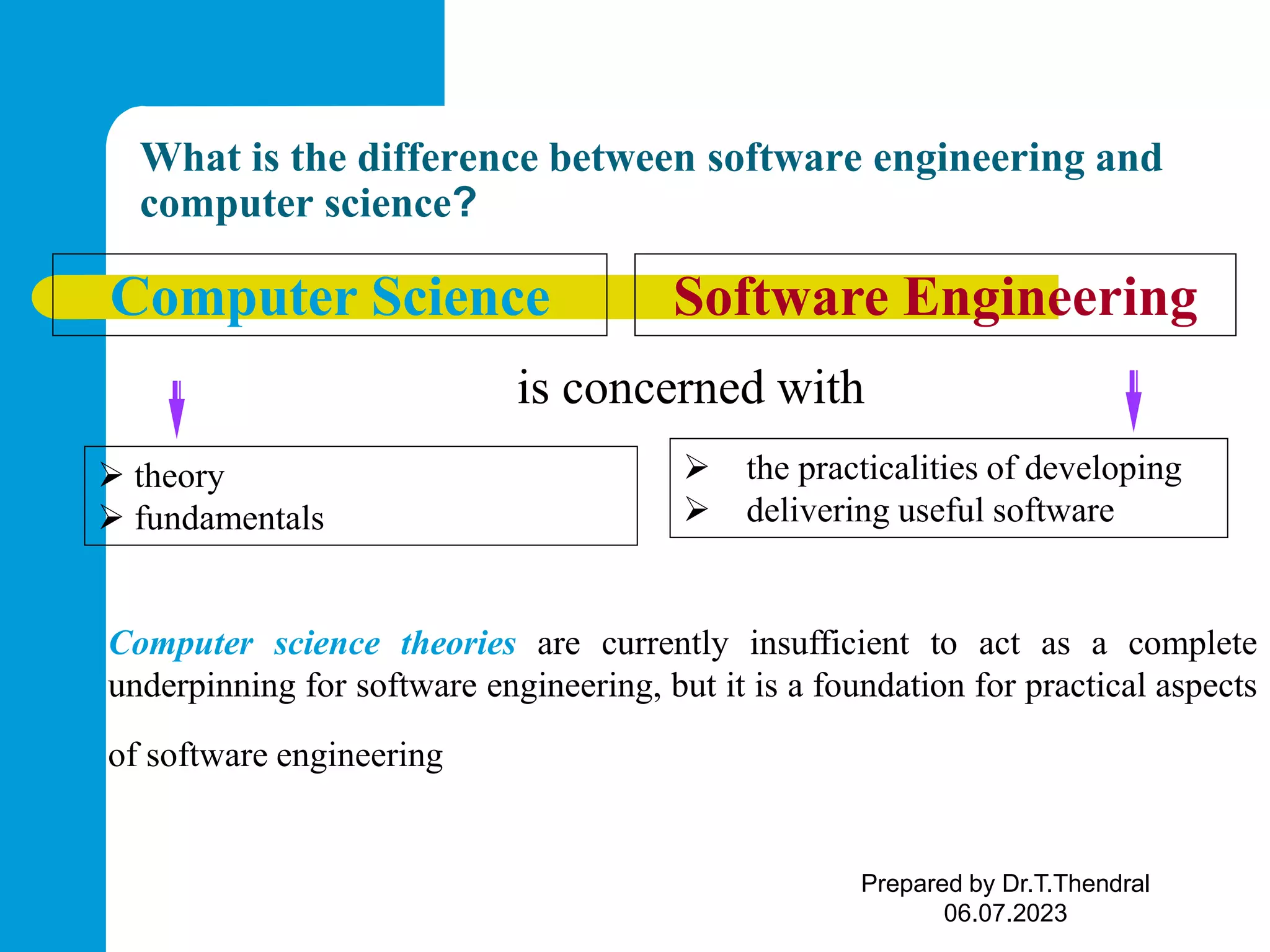 What is the difference between software engineering and computer science? Computer Science Software Engineering is concerned with Computer science theories are currently insufficient to act as a complete underpinning for software engineering, but it is a foundation for practical aspects of software engineering  theory  fundamentals  the practicalities of developing  delivering useful software Prepared by Dr.T.Thendral 06.07.2023 