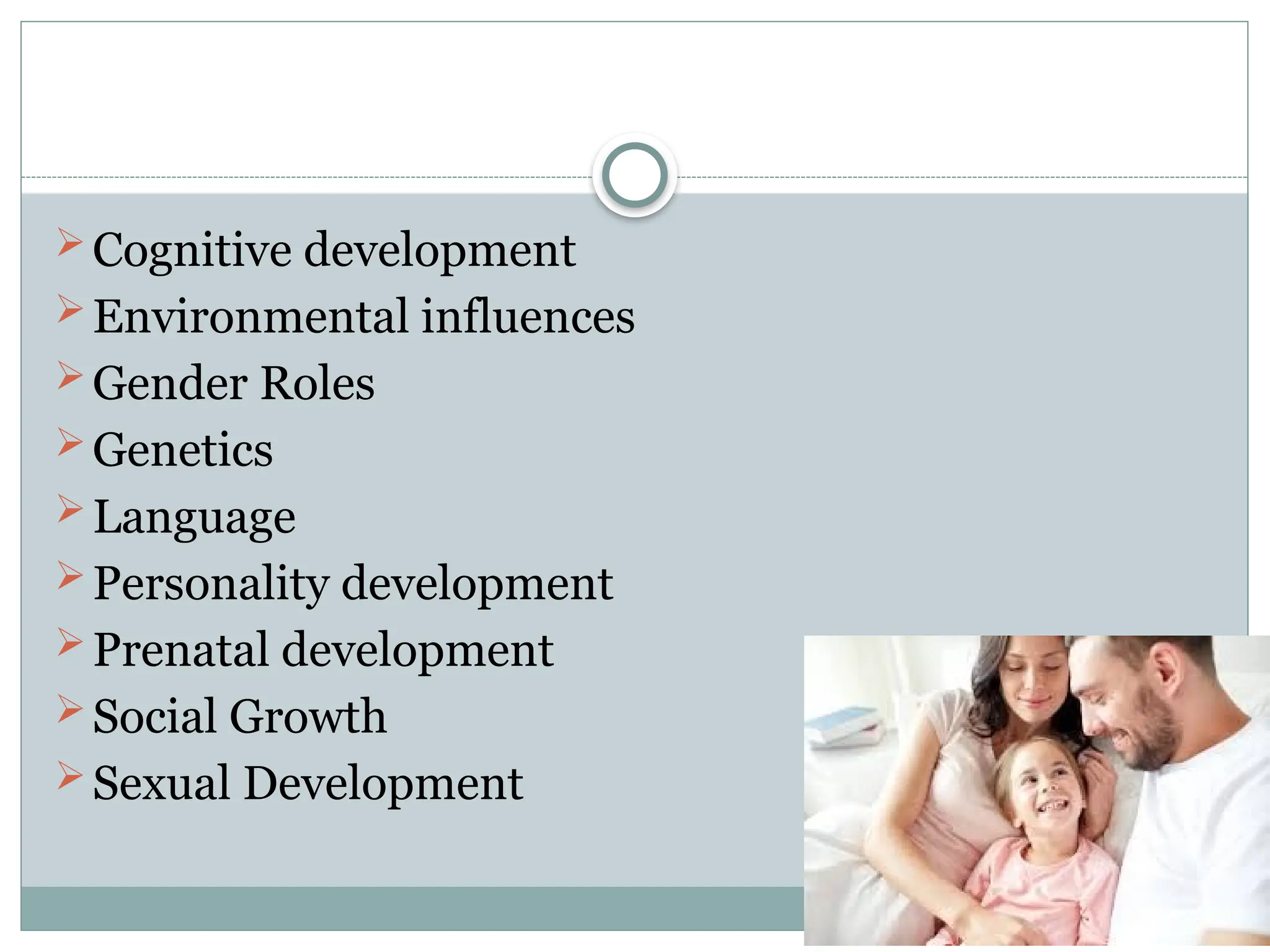 Cognitive development
Environmental influences
Gender Roles
Genetics
Language
Personality development
Prenatal development
Social Growth
Sexual Development
 