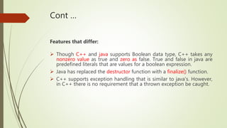 Cont …
Features that differ:
 Though C++ and java supports Boolean data type, C++ takes any
nonzero value as true and zero as false. True and false in java are
predefined literals that are values for a boolean expression.
 Java has replaced the destructor function with a finalize() function.
 C++ supports exception handling that is similar to java's. However,
in C++ there is no requirement that a thrown exception be caught.
 
