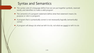 Syntax and Semantics
 The syntax rules of a language define how we can put together symbols, reserved
words, and identifi...