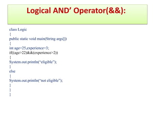 Logical NOT' Operator(!)
class Logical {
public static void main(String[] args)
{
int a = 10, b = 1;
System.out.println("V...