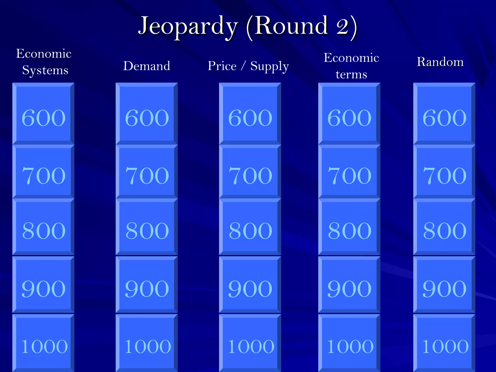 JeopardyJeopardy (Round 2)(Round 2)
600
700
800
900
1000
600
700
800
900
1000
600
700
800
900
1000
600
700
800
900
1000
600
700
800
900
1000
Economic
Systems Demand Price / Supply
Economic
terms
RandomRandom
 