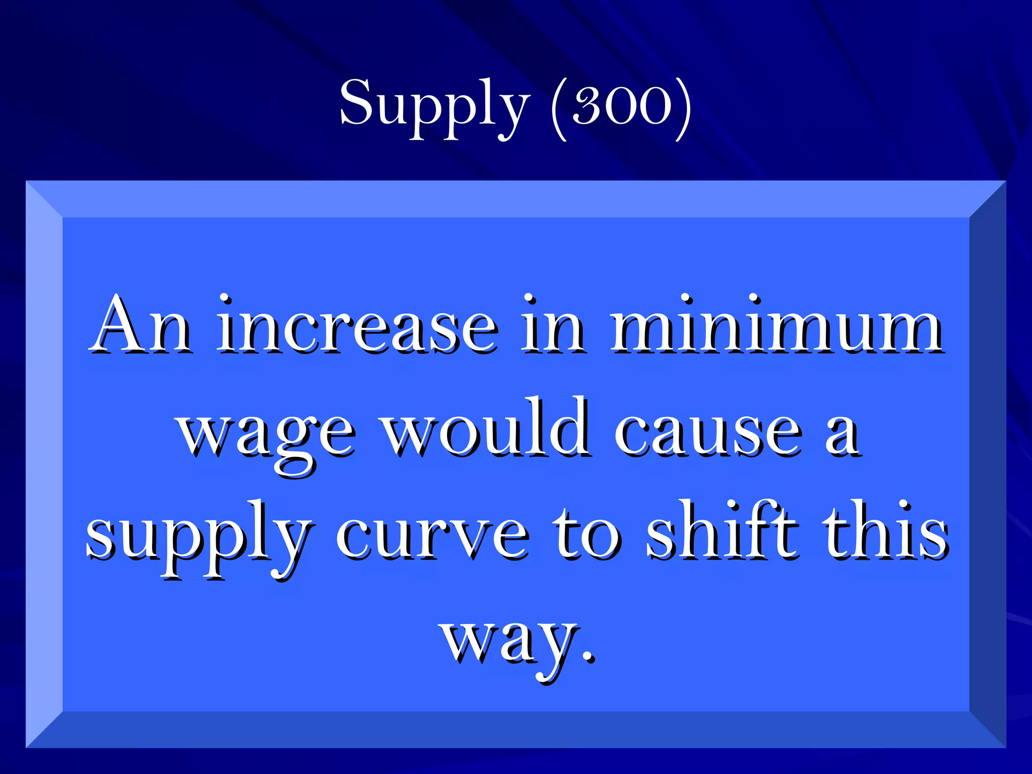 Supply (300)
An increase in minimumAn increase in minimum
wage would cause awage would cause a
supply curve to shift thissupply curve to shift this
way.way.
 