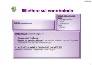 16/10/2010




                                                  NUOVO VOCABOLARIO;
                                                  Nomi:
                                                  • Viaggio di nozze
                                                  • Soldi
FIGURA: Individualmente                           • caseggiato
                                                  Verbi:
                                                  • Evitare



 SPAZIO ATTIVITÁ; Lezione 1, pagina 19

    Regola grammaticale:
    Uso del superlativo relativo; il superlativo relativo esprime il grado
    p
    più alto di una q
                    qualità. Si forma così:

 • ARTICOLO + NOME + PIÙ O MENO + AGGETTIVO
 Esempio: la sorella più grande è sociologa




                                                                                    13
 