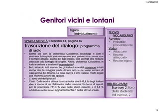 16/10/2010




                                          Figura:
                                                                              NUOVO
                                             individualmente
                                                                                 VOCABOLARIO
                                                                              Avverbio
SPAZIO ATTIVITÁ; Esercizio 14, pagina 16                                      • Probabile -
Trascrizione del dialogo: programma                                              probabilmente
                                                                              Verbo
    di radio                                                                  • Attaccare
•   Siamo qui con la dottoressa Calabrese, sociologa e con il                 • Restare
    professor Frisinghelli, psicoterapeuta, per parlare di un tema che
    è sempre attuale, quello dei figli cronici, cioè dei figli che restano
                                                                                 attaccato
    attaccati alla famiglia di origine. Allora, dottoressa Calabrese, in      • Restare legato
    Italia continua a esistere il mammismo?
•   Beh, in fondo tutti sanno che gli italiani sono dei mammoni e tutti
    sanno che la maggior parte di loro non se ne vuole andare di
    casa prima dei 30 anni. La cosa nuova è che restano molto legati
    alla mamma anche d sposati.
      ll               h da         ti
•   Ci sono dei dati precisi?
•   Certo. Dalla nostra ultima ricerca risulta che il 42,9 % degli italiani
    vive a meno di un chilometro dalla mamma. Un terzo di questi,             BIBLIOGRAFIA:
    p
    per la precisione l’11,3 % vive nello stesso palazzo e il 3.9 %
             p               ,                        p                          Espresso 2 libro
                                                                                           2,
    addirittura nello stesso appartamento o nella stessa casa.
                                                                                 dello studente
                                                                                 ed esercizi, 2.




                                                                                                           23
 