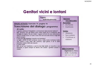 16/10/2010




                                           Figura:
                                              individualmente                    NUOVO
                                                                                    VOCABOLARIO
                                                                                Avverbio
SPAZIO ATTIVITÁ; Esercizio 14, pagina 16
                                                                                • Inchiesta
Trascrizione del dialogo: programma                                             • Esattezza
    di radio
•   E questo, professor Frisinghelli, è un fenomeno tipicamente italiano?       Verbo
    Beh, diciamo che gli italiani sono molto legati per la tradizione alla
•
    famiglia di origine. Da noi, infatti, i ragazzi escono di casa abbastanza
                                                                                • Assistere
    tardi, in media verso i 27 anni. Cosa che non succede invece negli altri    • Succedere
    paesi europei.                                                              • Continua a
•   E sono più alla mamma i maschi o le femmine?
•   Le figlie, anche se può sembrare strano. Dalla nostra inchiesta risulta        esistere
    che vanno a fare visita alla mamma, ogni giorno, il 65 % delle
    femmine contro il 58% dei maschi.
•   E come mail?
•   Beh, un po’ per tradizione, e poi tra due figli adulti, un maschio e una
    femmina, è quasi sempre la donna che assiste i genitori anziani o
    malati.                                                                     BIBLIOGRAFIA:
                                                                                   Espresso 2 libro
                                                                                             2,
                                                                                   dello studente
                                                                                   ed esercizi, 2.




                                                                                                             24
 