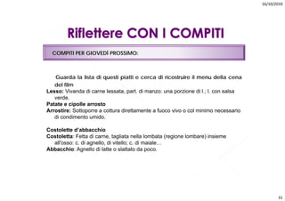 16/10/2010




  COMPITI PER GIOVEDÌ PROSSIMO:



   Guarda la lista di questi piatti e cerca di ricostruire il menu della cena
   del film
Lesso: Vivanda di carne lessata, part. di manzo: una porzione di l.; l. con salsa
   verde.
Patate e cipolle arrosto
Arrostire: Sottoporre a cottura direttamente a fuoco vivo o col minimo necessario
   di condimento umido.

Costolette d’abbacchio
Costoletta: Fetta
C t l tt F tt di carne, tagliata nella lombata ( i
                             t li t       ll l b t (regione l b ) i i
                                                            lombare) insieme
  all'osso: c. di agnello, di vitello; c. di maiale…
Abbacchio: Agnello di latte o slattato da poco.




                                                                                           31
 