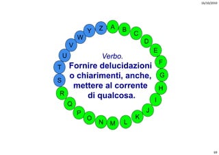 16/10/2010




                    Z   A   B
                Y                C
            W
                                     D
        V
                                         E
    U               Verbo.
                                             F
T       Fornire delucidazioni
        o chiarimenti, anche,                G
S
         mettere al corrente                 H
R            di qualcosa.                I
        Q
            P                        J
                O                K
                    N   M    L



                                                        69
 