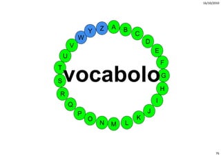 16/10/2010




                    Z   A   B
                Y               C
            W
                                    D
        V
                                        E
    U
                                            F
T

S   vocabolo
        b l                                 G

                                            H
R
                                        I
        Q
            P                       J
                O               K
                    N   M   L



                                                       76
 