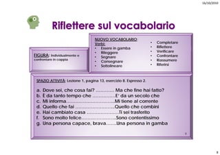 16/10/2010




                                  NUOVO VOCABOLARIO;
                                  Verbi:                           •   Completare
                                  • Essere in gamba                •   Riflettere
                                  • Rileggere                      •   Verificare
FIGURA: Individualmente e         • Segnare                        •   Confrontare
confrontare in coppia                                              •   Riassumere
                                  • Consegnare
                                  • Sottolineare                   •   Riferirsi



 SPAZIO ATTIVITÀ; Lezione 1, pagina 13, esercizio 8. Espresso 2.

 a.   Dove sei, che cosa fai? ………… Ma che fine hai fatto?
 b.   È da tanto tempo che ……………E’ da un secolo che
 c.   Mi informa…………………………..Mi tiene al corrente
 d.   Quello che fai ……………………..Quello che combini
 e.   Hai cambiato casa …………………Ti sei trasferito
 f.   Sono molto felice…………………..Sono contentissimo
 g.   U                     b      U            i
      Una persona capace, brava…….Una persona in gamba  b

                                                                                     8




                                                                                                 8
 