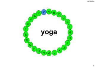 16/10/2010




                    Z   A   B
                Y               C
            W
                                    D
        V
                                        E
    U
                                            F
T

S
                    yoga                    G

                                            H
R
                                        I
        Q
            P                       J
                O               K
                    N   M   L



                                                       80
 