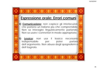 16/10/2010




 Espressione orale: Errori comuni
4) Comunicazione; non capisce gli interlocutori,
  che parlano un italiano più che comprensibile.
  Non sa interagire linguisticamente parlando.
                                       parlando
  Non sa usare i connettori in modo appropriato.

5)     L
       Lessico; non usa il llessico necessario
             i                   i              i
     indispensabile    per     poter      parlare
     dell’argomento. Non abusa degli spagnolismi e
     dell’itagnolo.




                                                            85
 