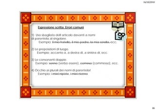 16/10/2010




    Espressione scritta: Errori comuni

1) Uso sbagliato dell’articolo davanti a nomi
 )         g
di parentela al singolare.
     Esempio; il mio fratello, il mio padre, la mia sorella, ecc.

2) Le preposizioni di luogo
                      luogo.
    Esempio; accanto a, a destra di, a sinistra di, ecc.

3) Le consonanti doppie.
 )
   Esempio; sonno (verbo essere), comeso (commesso), ecc.

4) Occhio ai plurali dei nomi di parentela!
    Esempio; i miei nipote i miei nonno
                     nipote,




                                                                           86
 