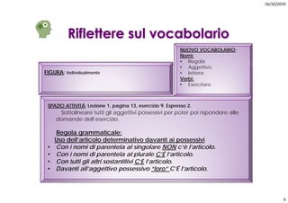 16/10/2010




                                                           NUOVO VOCABOLARIO;
                                                           Nomi:
                                                           • Regola
                                                           • Aggettivo
FIGURA: Individualmente                                    • lettera
                                                           Verbi:
                                                           • Esercitare



 SPAZIO ATTIVITÁ; Lezione 1, pagina 13, esercizio 9. Espresso 2.
      Sottolineare tutti gli aggettivi possessivi per poter poi rispondere alle
     domande dell’esercizio.

     Regola grammaticale:
     Uso dell’articolo determinativo davanti ai possessivi
 •   Con i nomi di parentela al singolare NON c’è l’articolo.
 •   Con i nomi di parentela al plurale C’É l’articolo.
 •   C
     Con tutti gli altri sostantitivi C’É l’ ti l
          t tti li lt i     t titi i      l’articolo.
 •   Davanti all’aggettivo possessivo “loro” C’É l’articolo.




                                                                                          9
 
